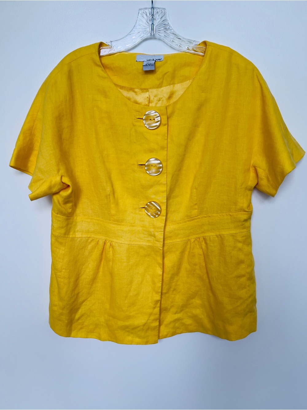 Lucy & Laurel Women’s Yellow Linen Short-Sleeve Button Front Top
